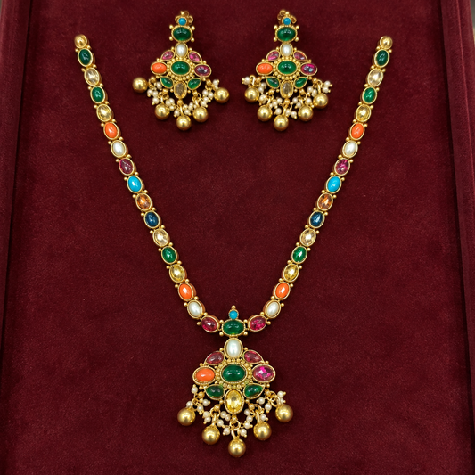 Navratna Multi Color Addigai Necklace & Earrings Set