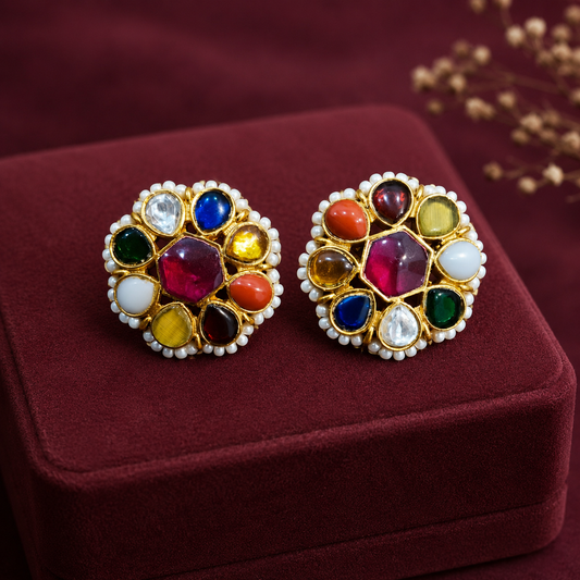 Navratna Flower Pearl Earrings