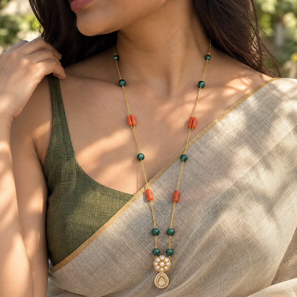 Riqya Coral Beads Pendant Chain