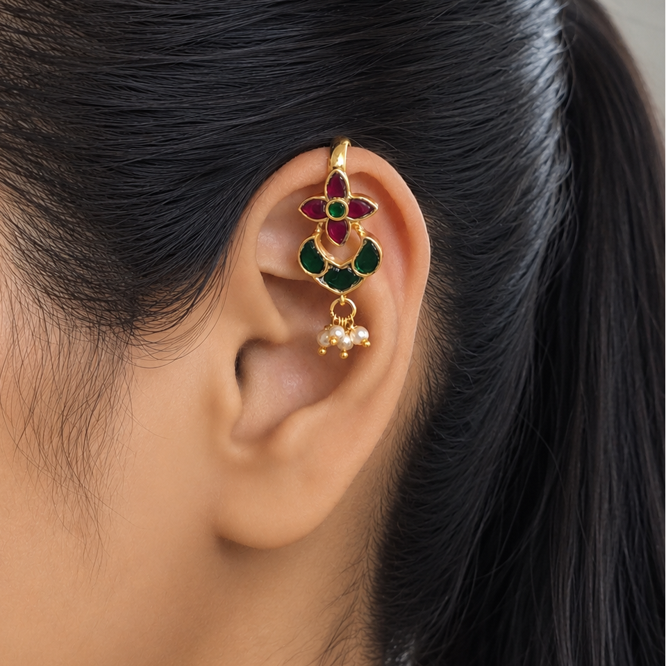 Flower Red & Green Kundan Bugadi