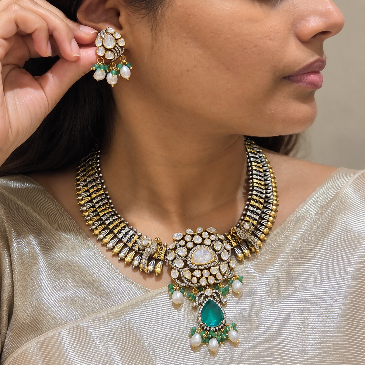 Nihali Dual Tone Necklace & Earrings Set